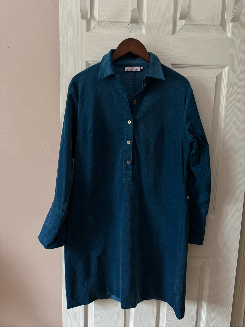 CK Bradley Blue Corduroy Tunic Dress Partial Button-down Front Collar Size XL